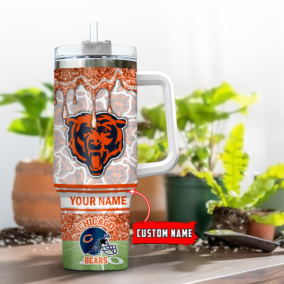 Chicago Bears NFL Glitter Custom Stanley Quencher 40oz Stainless Steel Tumbler With Handle