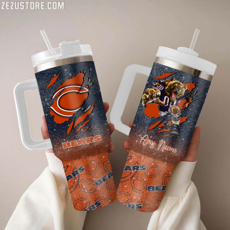Chicago Bears NFL Glitter Custom Stanley Quencher 40oz Stainless Steel Tumbler With Handle
