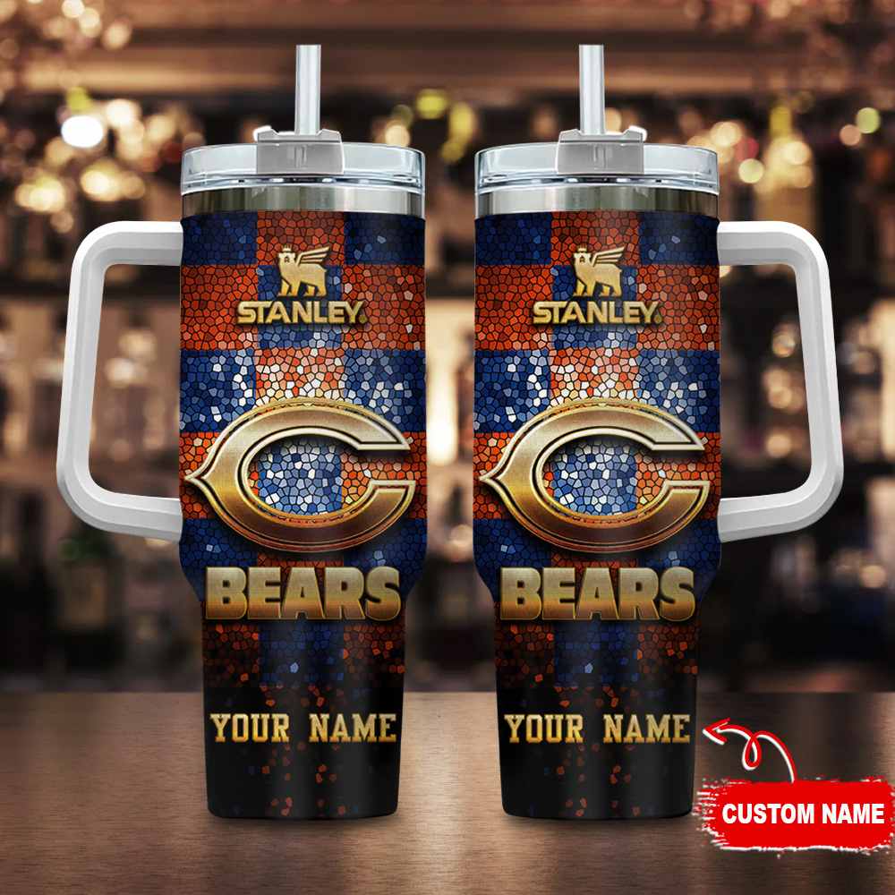 Chicago Bears NFL Glitter Golden Logo Custom Stanley Quencher 40oz Stainless Steel Tumbler With Handle