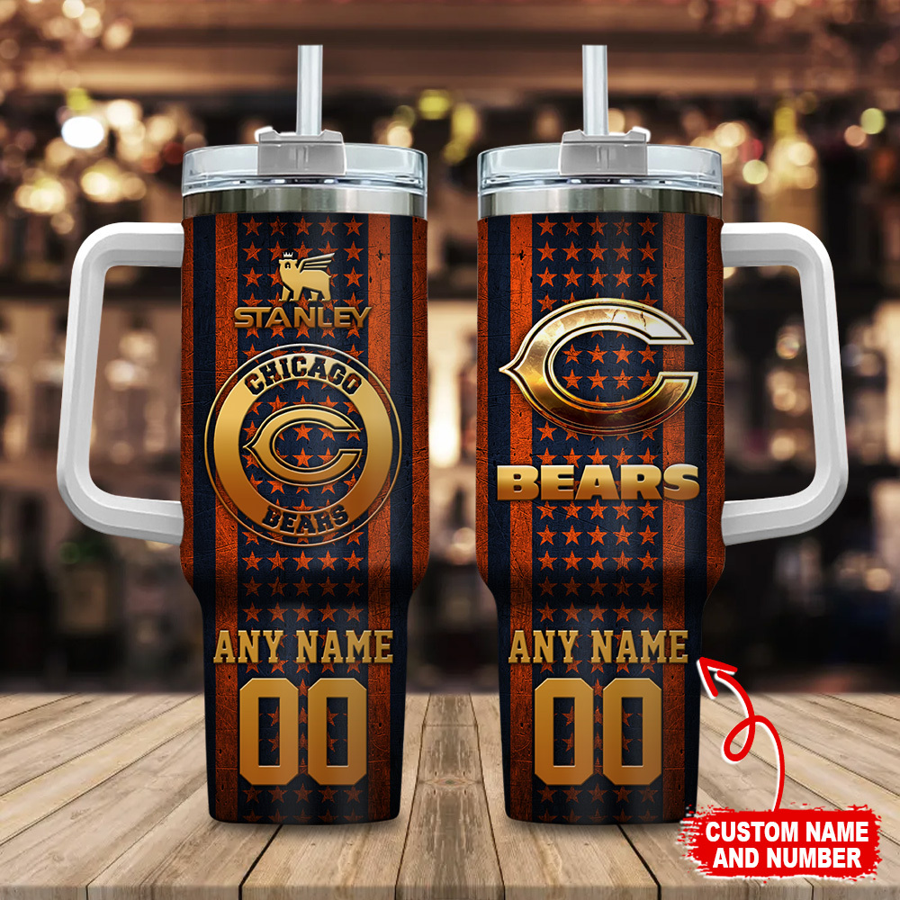 Chicago Bears NFL Golden Logos US Flag Custom Stanley Quencher 40oz Stainless Steel Tumbler With Handle