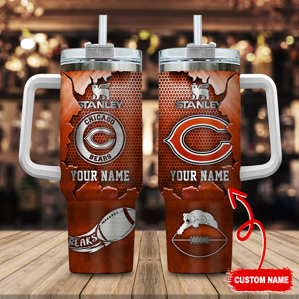 Chicago Bears NFL Metal Style Custom Stanley Quencher 40oz Stainless Steel Tumbler With Handle
