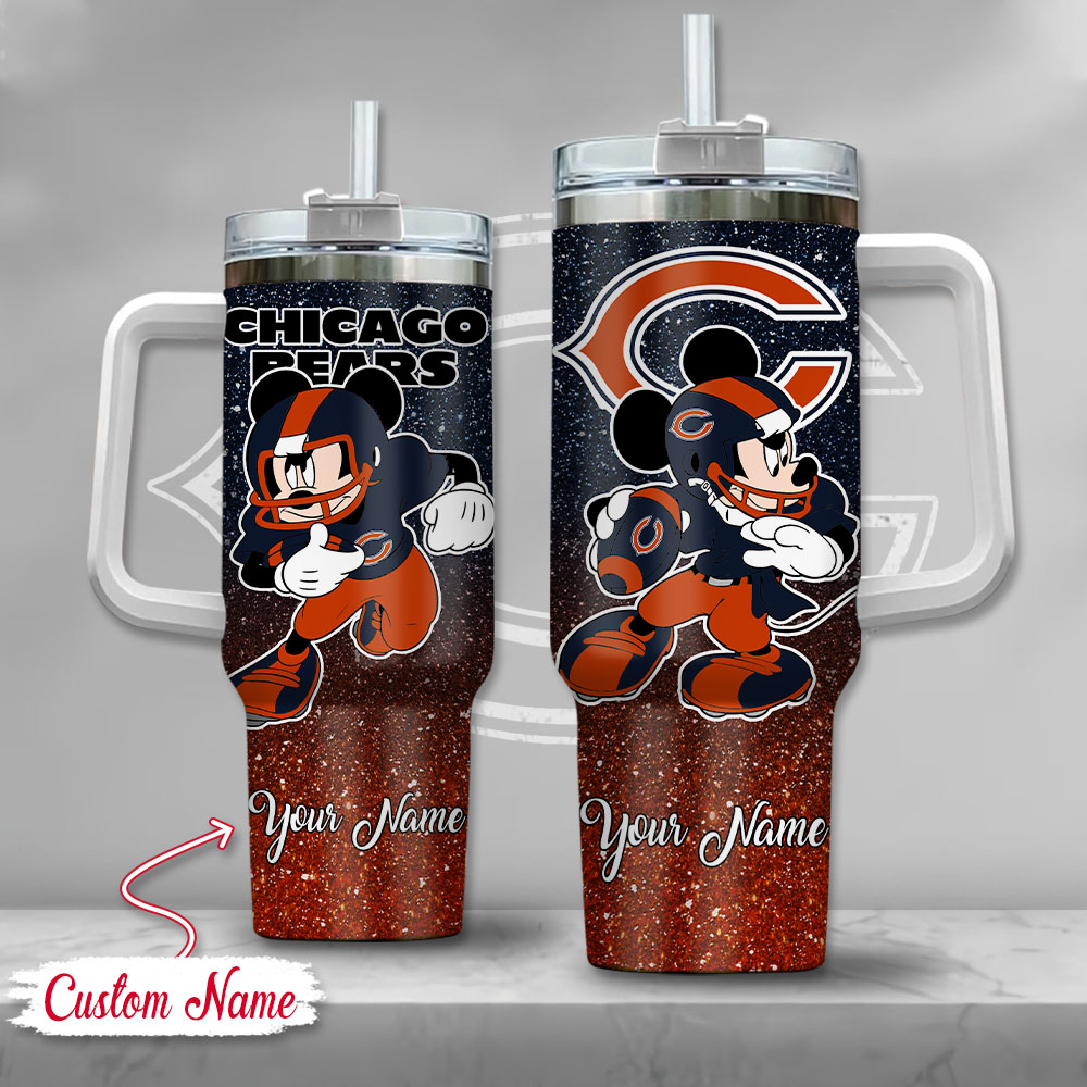 Chicago Bears NFL Mickey Mouse Glitter Custom Stanley Quencher 40oz Stainless Steel Tumbler With Handle