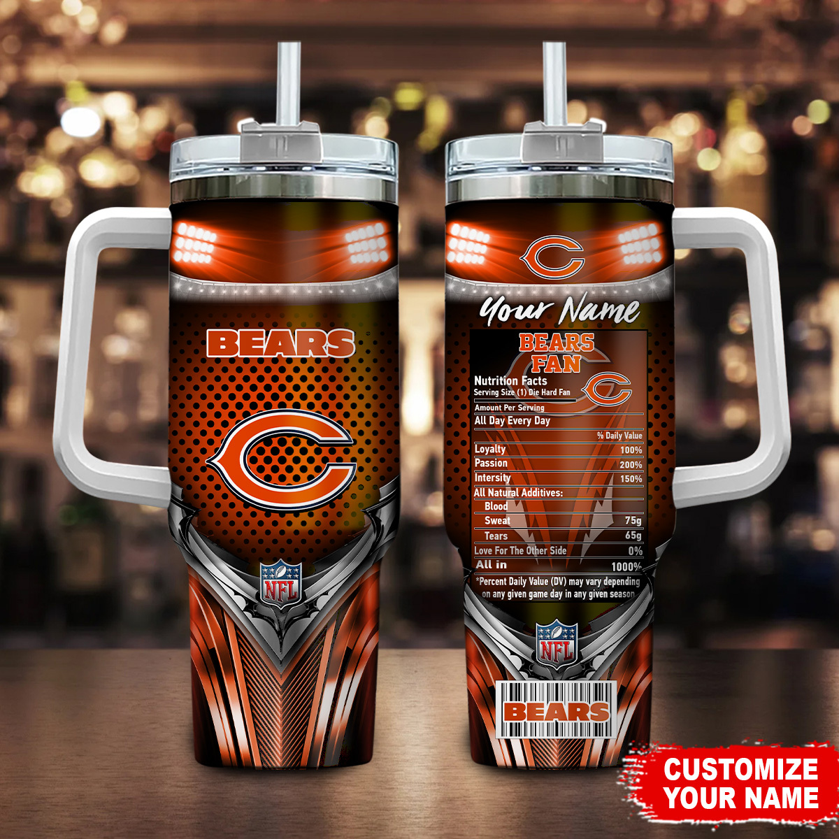 Chicago Bears NFL Nutrition Facts Custom Stanley Quencher 40oz Stainless Steel Tumbler With Handle