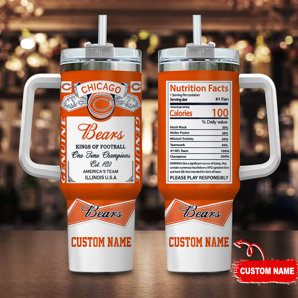 Chicago Bears NFL Nutrition Facts Custom Stanley Quencher 40oz Stainless Steel Tumbler With Handle