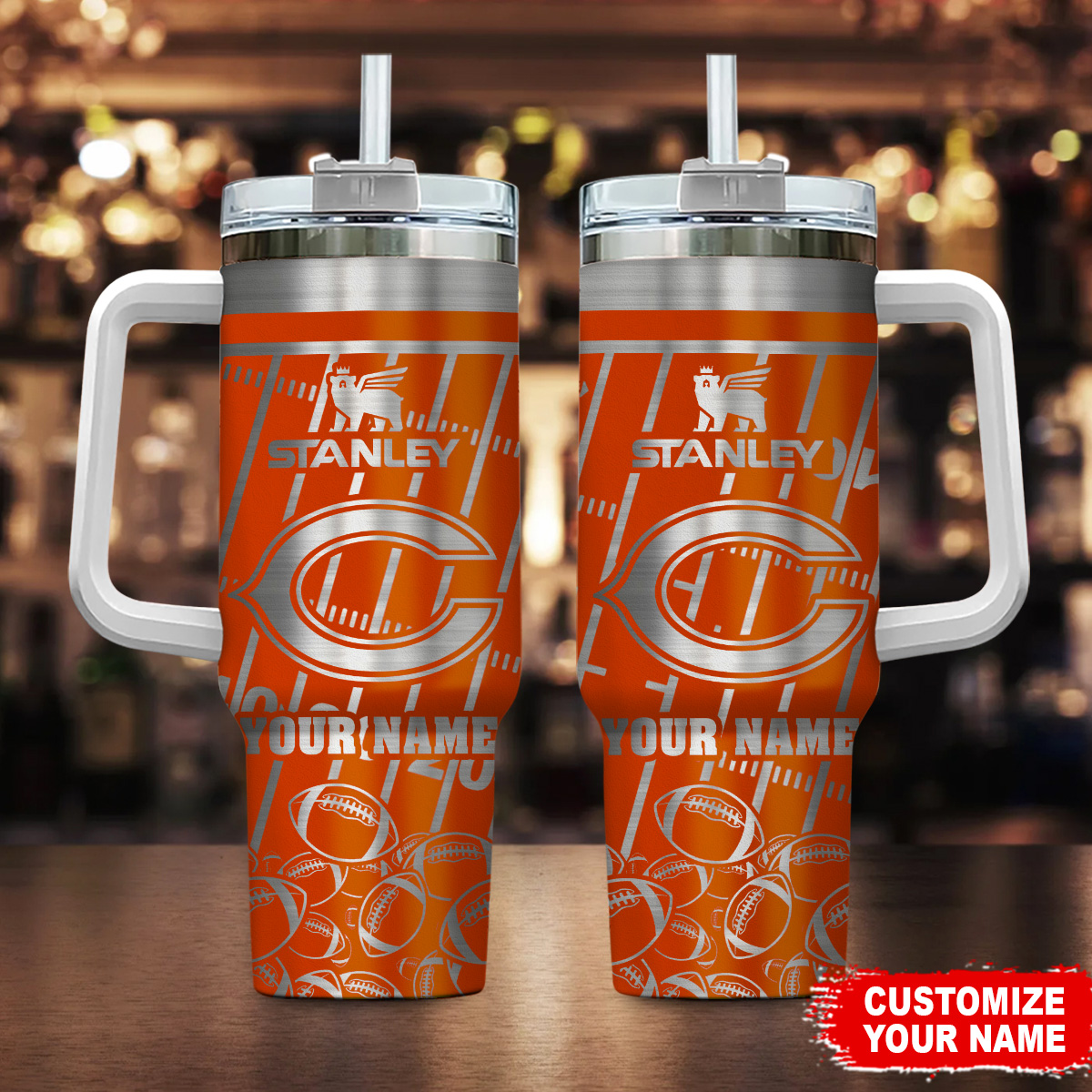 Chicago Bears NFL Silver Custom Stanley Quencher 40oz Stainless Steel Tumbler With Handle