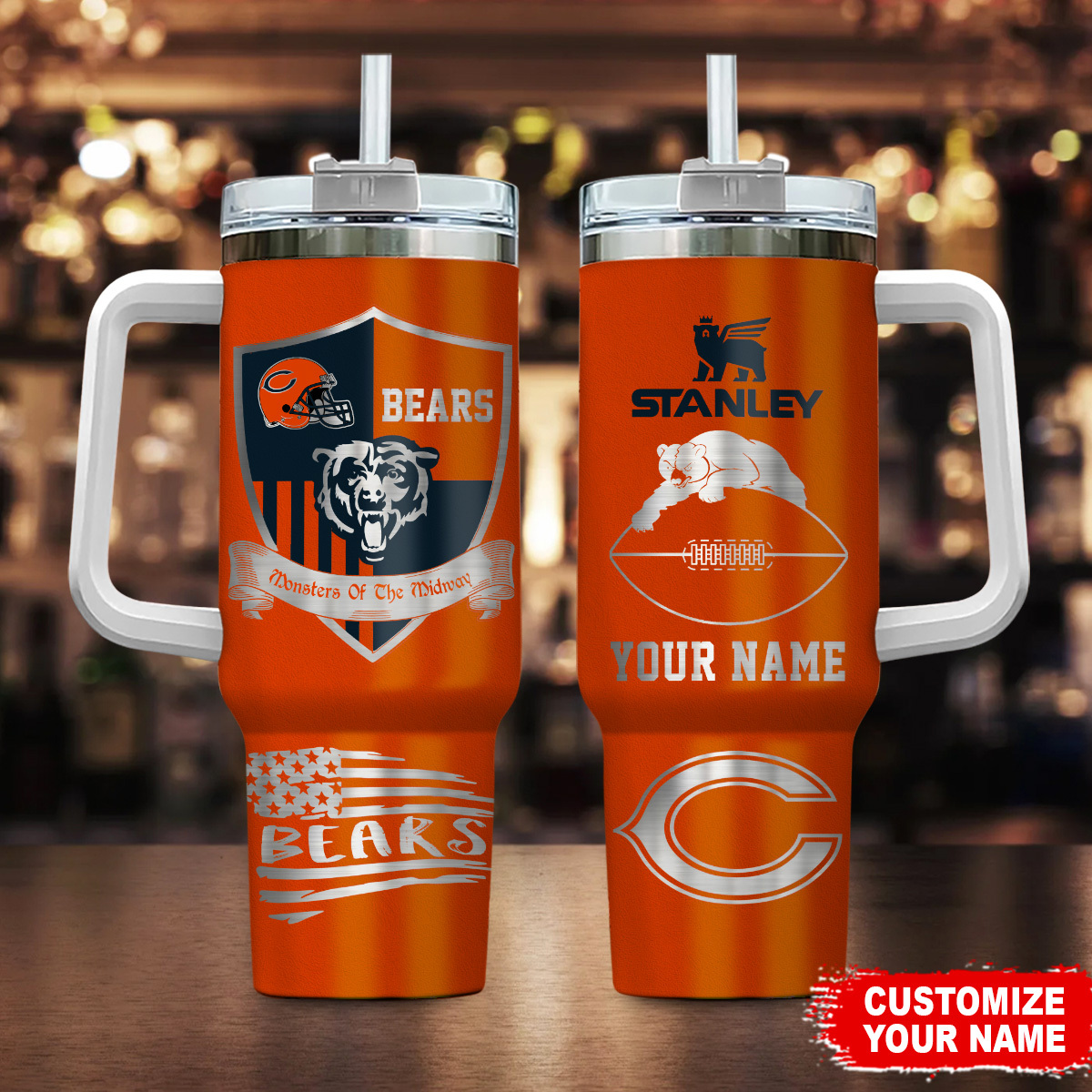 Chicago Bears NFL Silver Logo Custom Stanley Quencher 40oz Stainless Steel Tumbler With Handle