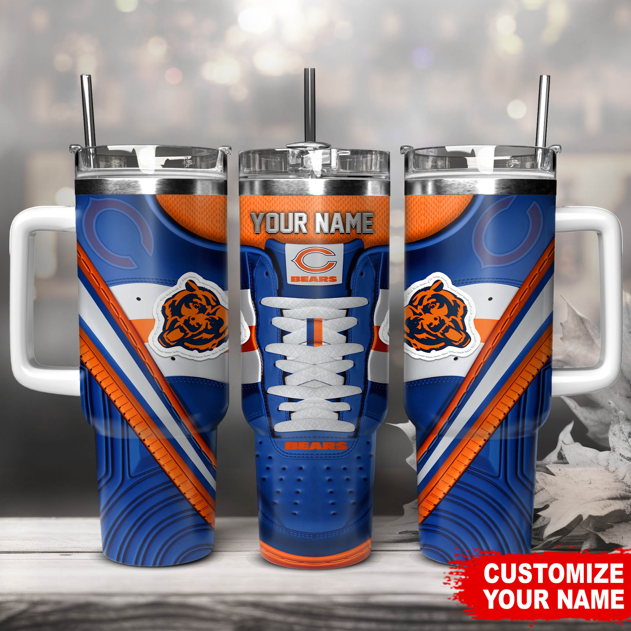 Chicago Bears NFL Sneaker Custom Stanley Quencher 40oz Stainless Steel Tumbler With Handle