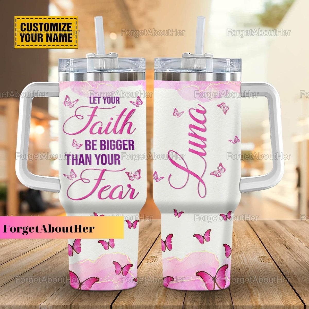 Christian Faith Believers Pink Butterflies Custom Stanley Quencher 40oz Stainless Steel Tumbler With Handle
