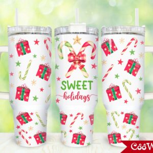 Christmas Candy Cane Custom Stanley Quencher 40oz Stainless Steel Tumbler With Handle