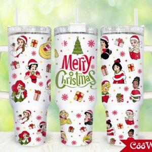 Christmas Disney PrincessesCartoon Custom Stanley Quencher 40oz Stainless Steel Tumbler With Handle