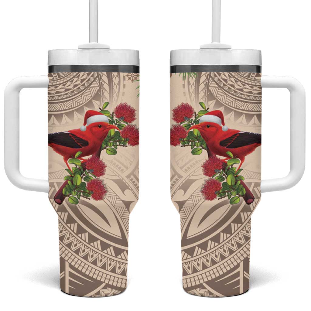Christmas Hawaii with I'iwi Bird Aloha Mele Kalikimaka Beige Art Custom Stanley Quencher 40oz Stainless Steel Tumbler With Handle