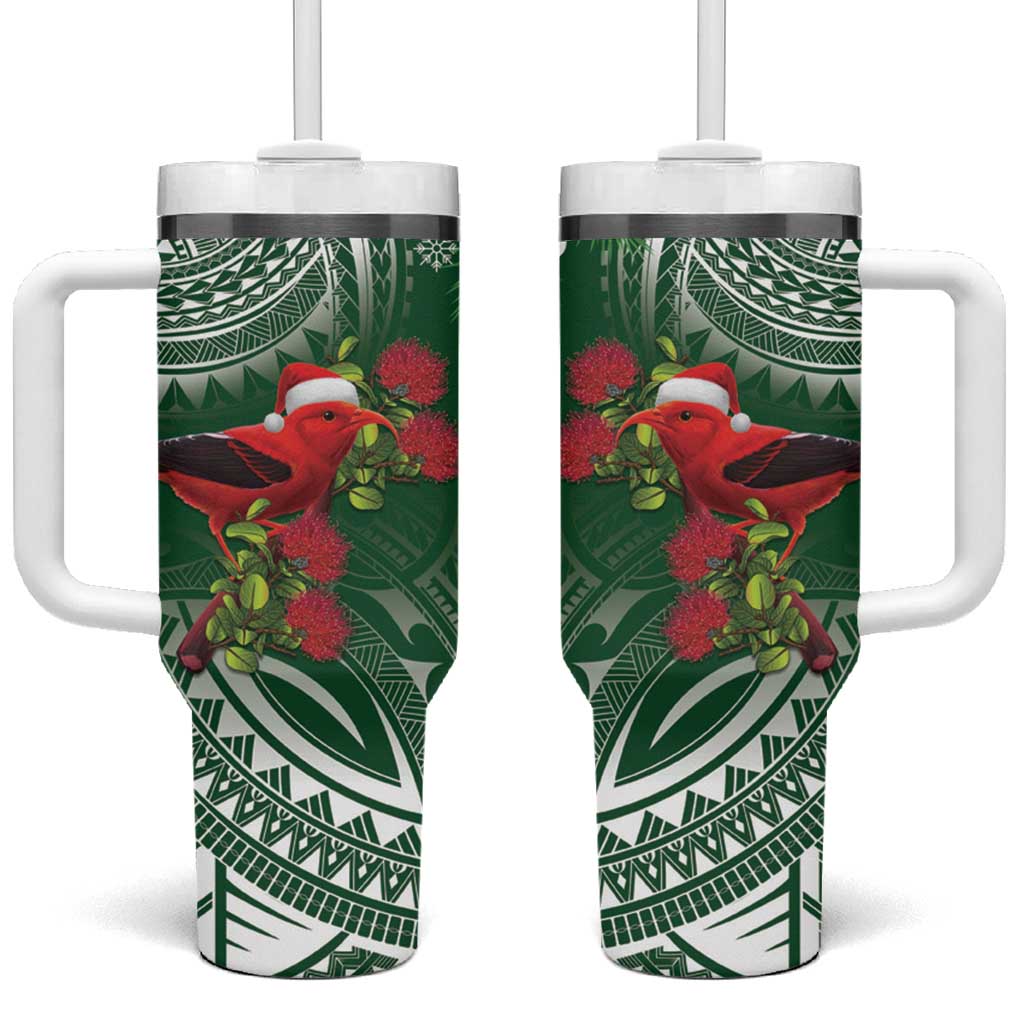 Christmas Hawaii with I'iwi Bird Aloha Mele Kalikimaka Green Art Custom Stanley Quencher 40oz Stainless Steel Tumbler With Handle