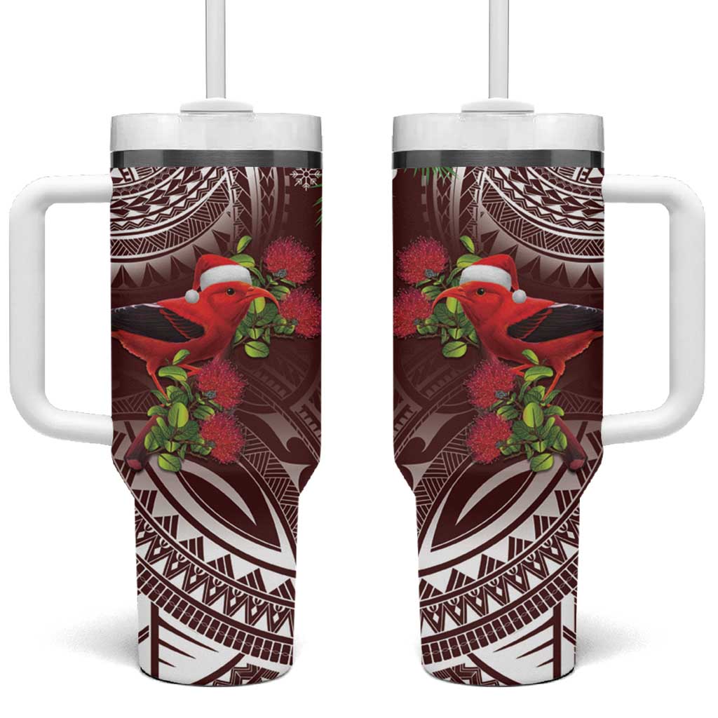 Christmas Hawaii with I'iwi Bird Aloha Mele Kalikimaka Oxblood Art Custom Stanley Quencher 40oz Stainless Steel Tumbler With Handle
