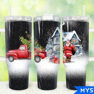Christmas Santa and Truck Custom Stanley Quencher 40oz Stainless Steel Tumbler With Handle