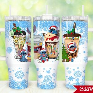 Christmas Stitch Cartoon Custom Stanley Quencher 40oz Stainless Steel Tumbler With Handle