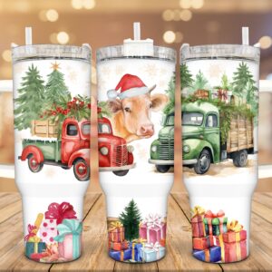 Christmas Trucks And Cow Custom Stanley Quencher 40oz Stainless Steel Tumbler With Handle