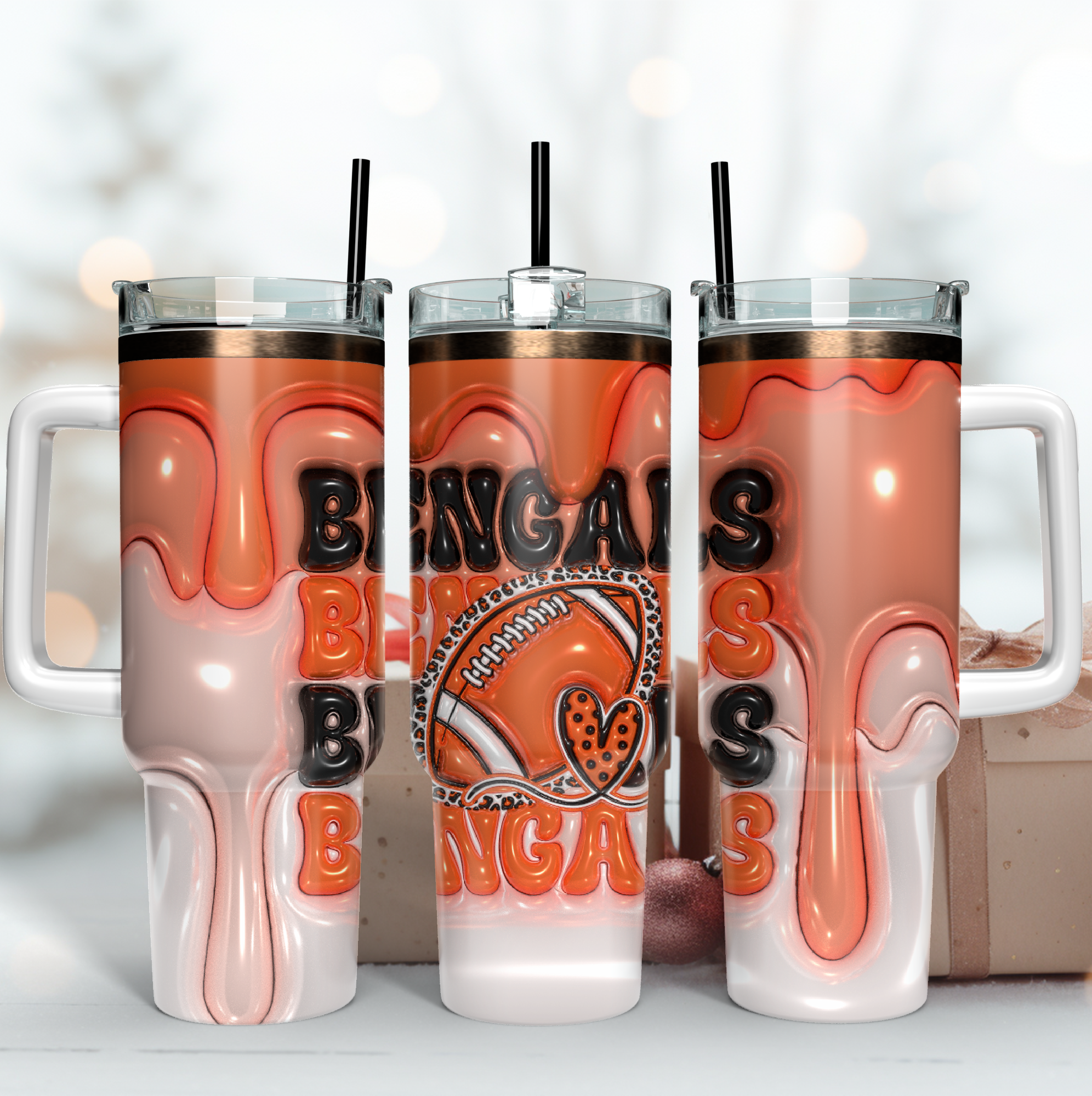 Cincinnati Bengals NFL 3D Inflated Puff Effect Custom Stanley Quencher 40oz Stainless Steel Tumbler With Handle