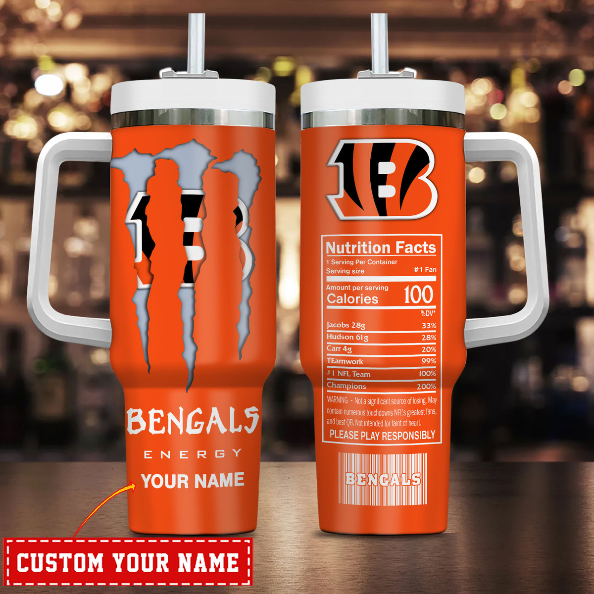 Cincinnati Bengals NFL Energy Nutrition Facts Custom Stanley Quencher 40oz Stainless Steel Tumbler With Handle