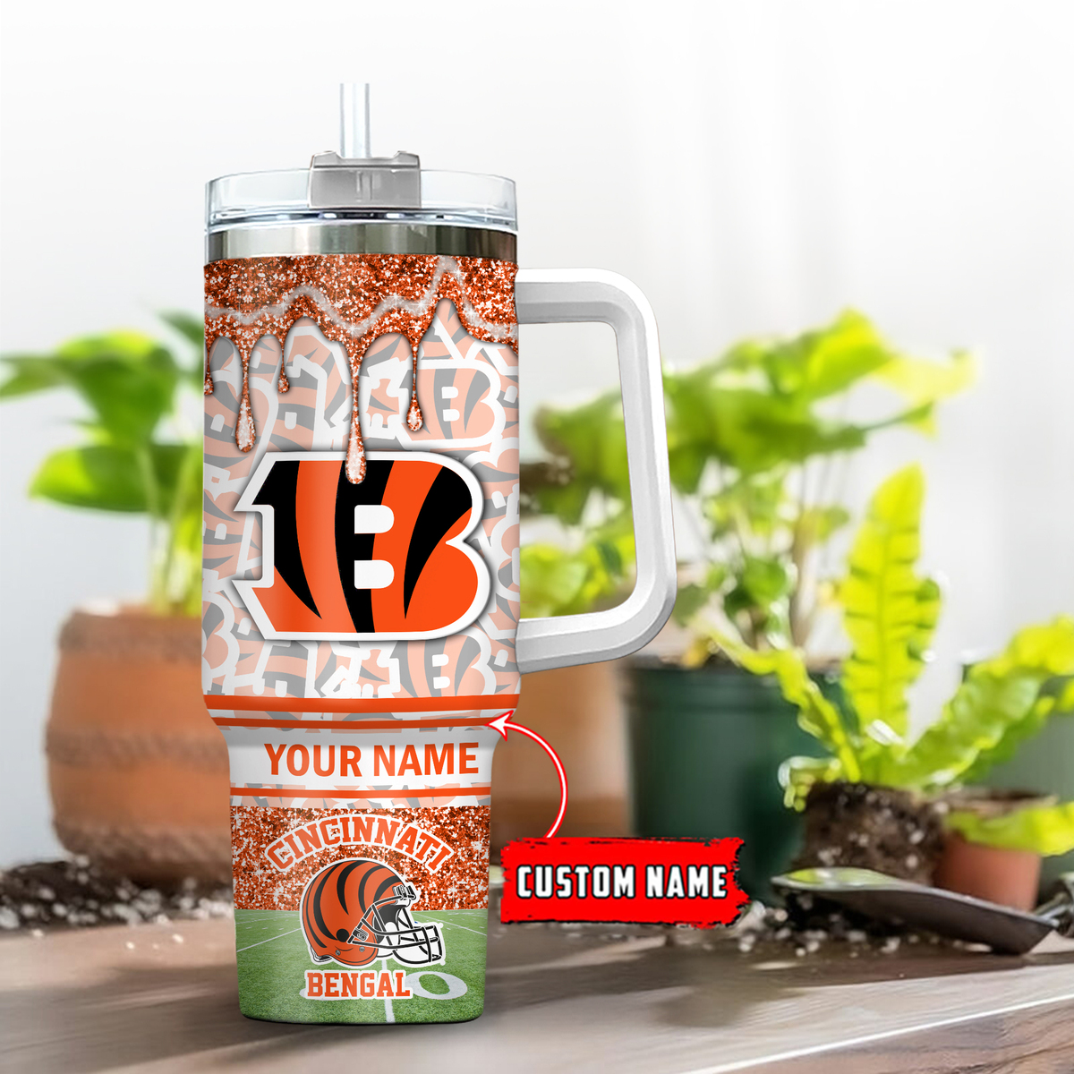 Cincinnati Bengals NFL Glitter Custom Stanley Quencher 40oz Stainless Steel Tumbler With Handle