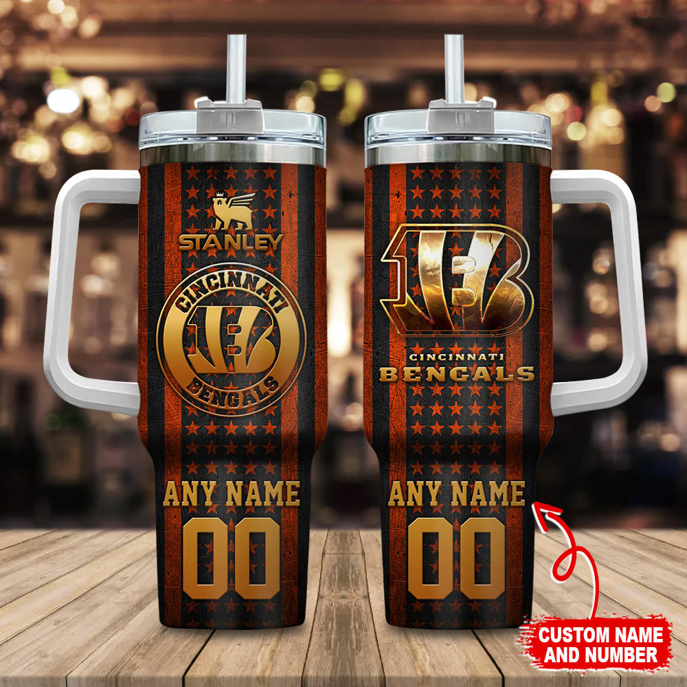 Cincinnati Bengals NFL Golden Logos US Flag Custom Stanley Quencher 40oz Stainless Steel Tumbler With Handle