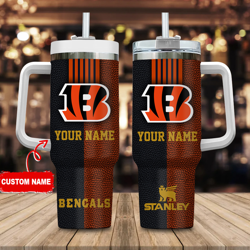 Cincinnati Bengals NFL Leather Effect Custom Stanley Quencher 40oz Stainless Steel Tumbler With Handle