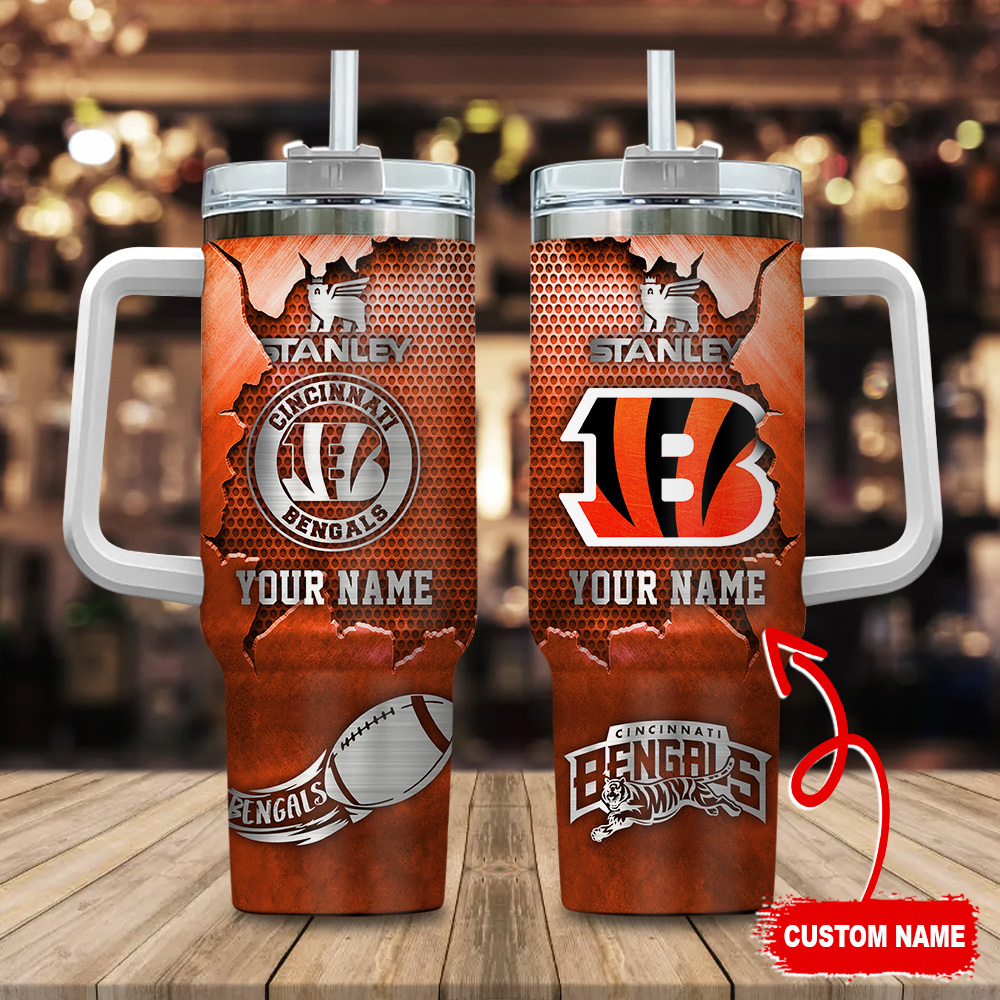 Cincinnati Bengals NFL Metal Style Custom Stanley Quencher 40oz Stainless Steel Tumbler With Handle