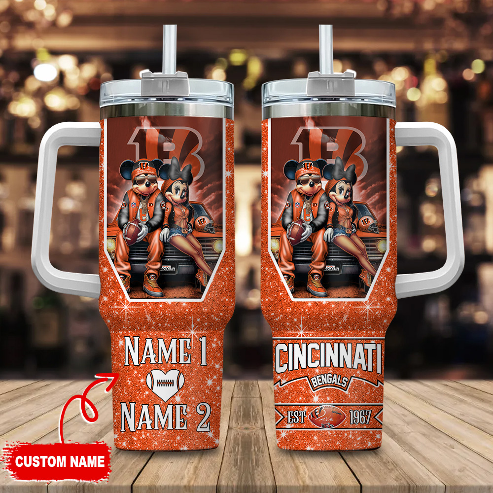 Cincinnati Bengals NFL Mickey And Minnie Couple Custom Stanley Quencher 40oz Stainless Steel Tumbler With Handle