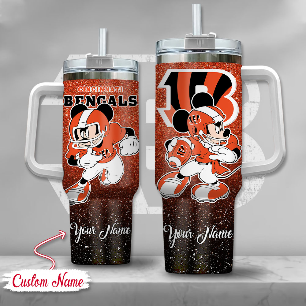 Cincinnati Bengals NFL Mickey Mouse Glitter Custom Stanley Quencher 40oz Stainless Steel Tumbler With Handle