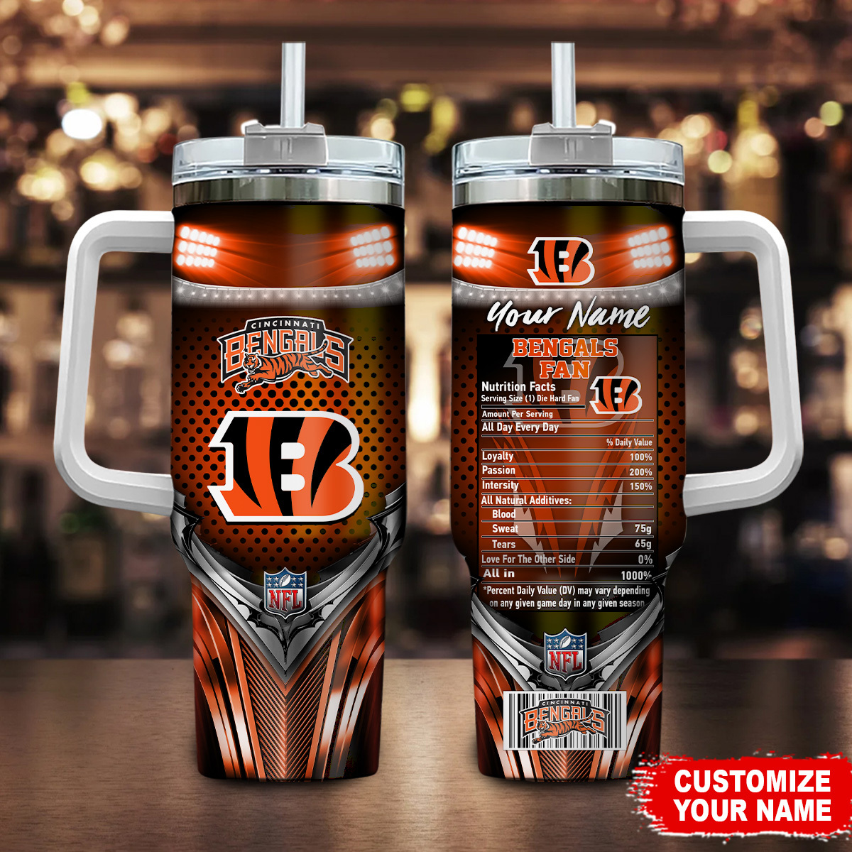 Cincinnati Bengals NFL Nutrition Facts Custom Stanley Quencher 40oz Stainless Steel Tumbler With Handle