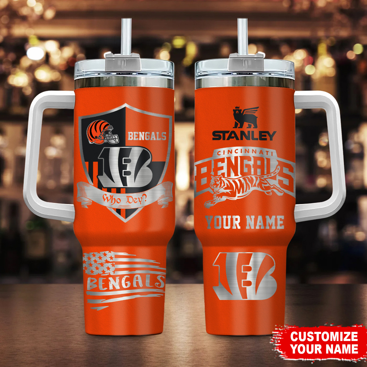 Cincinnati Bengals NFL Silver Logo Custom Stanley Quencher 40oz Stainless Steel Tumbler With Handle