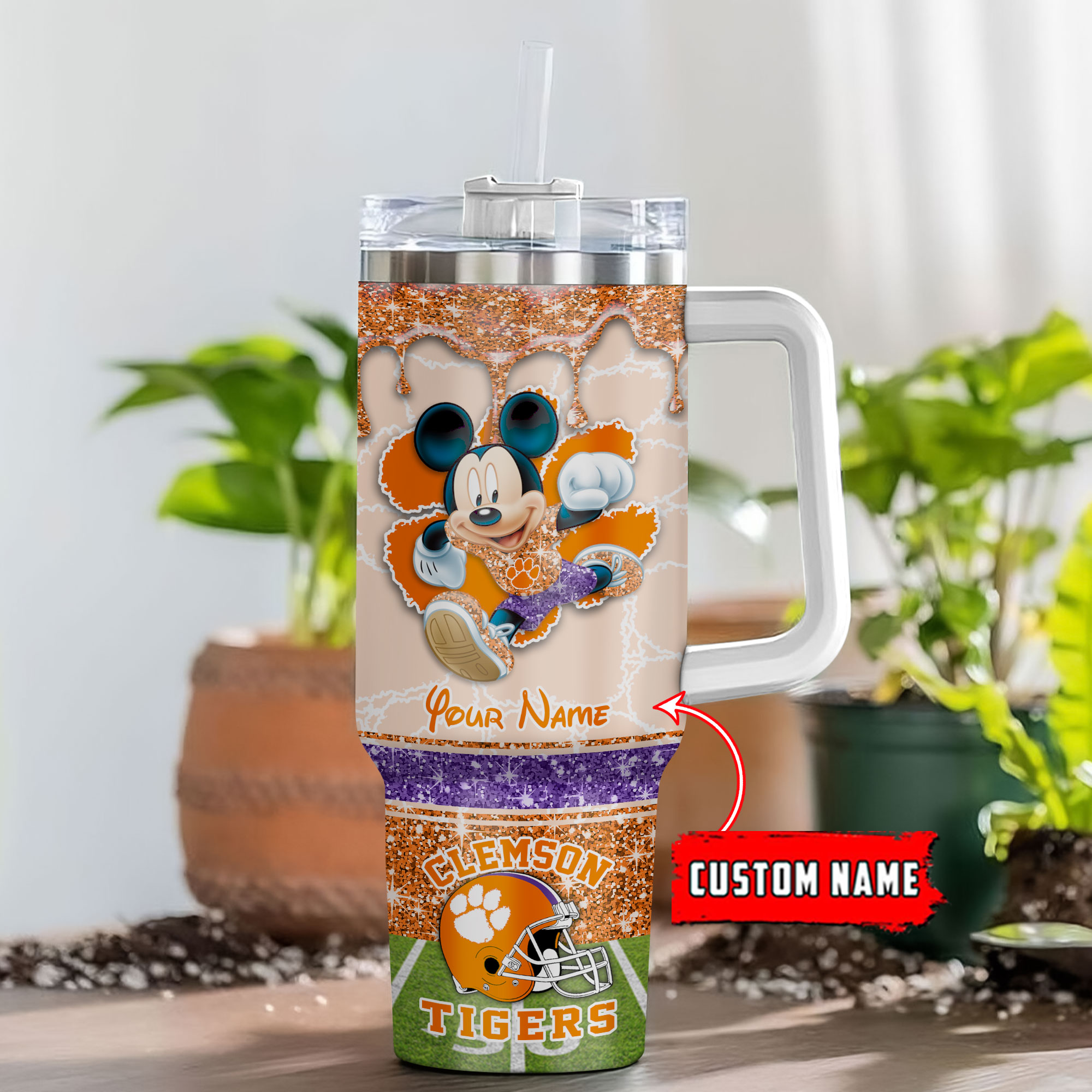 Clemson Tigers NCAA Mickey Mouse Glitter Custom Stanley Quencher 40oz Stainless Steel Tumbler With Handle