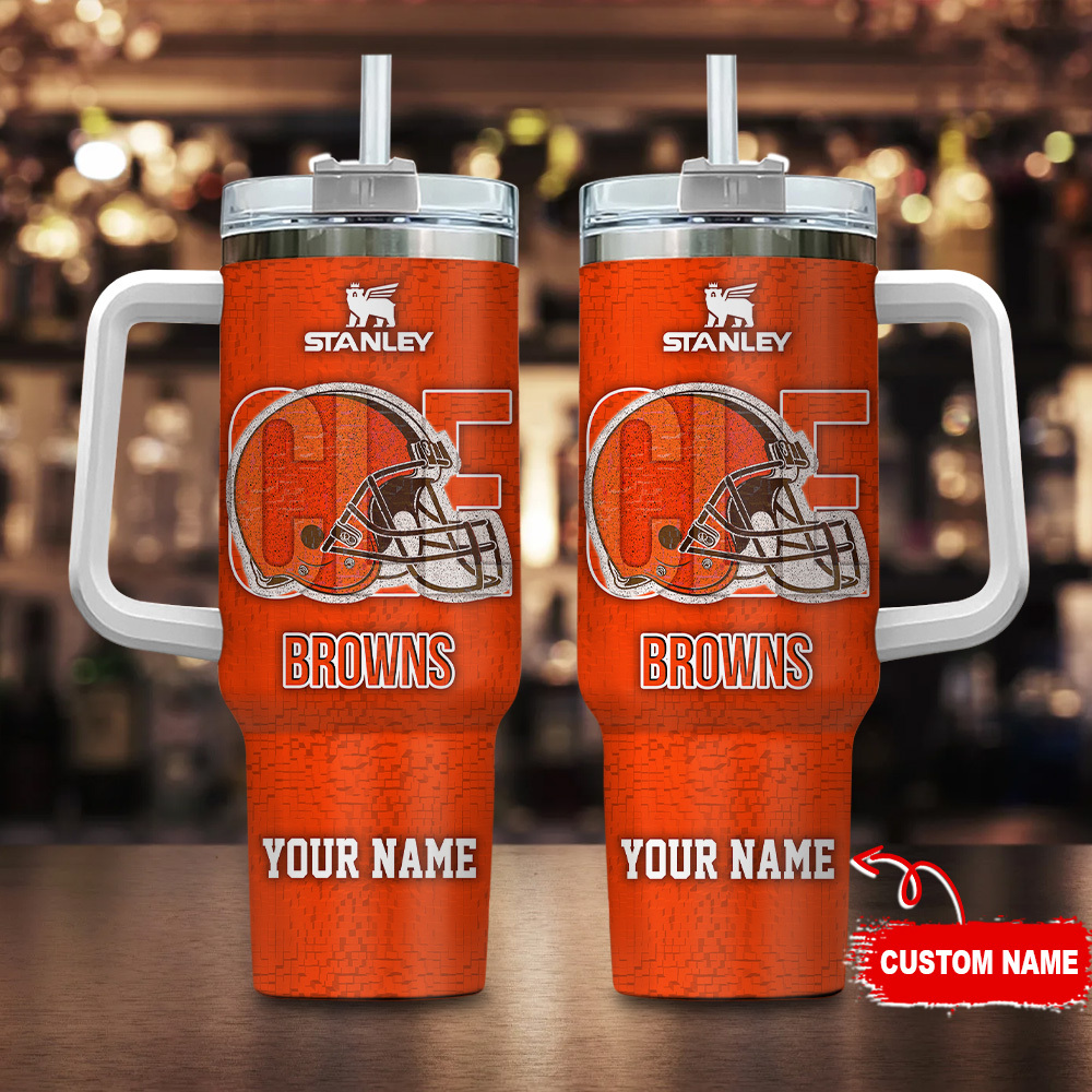 Cleveland Browns NFL 3D Logo Custom Stanley Quencher 40oz Stainless Steel Tumbler With Handle