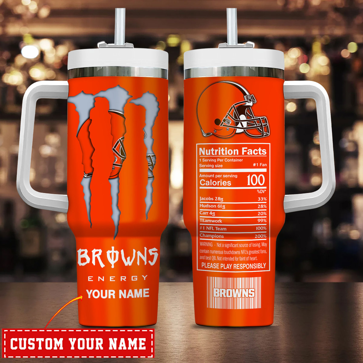 Cleveland Browns NFL Energy Nutrition Facts Custom Stanley Quencher 40oz Stainless Steel Tumbler With Handle