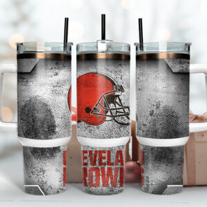 Cleveland Browns NFL Fingerprint Effect Custom Stanley Quencher 40oz Stainless Steel Tumbler With Handle