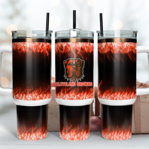 Cleveland Browns NFL Fire Effect Custom Stanley Quencher 40oz Stainless Steel Tumbler With Handle