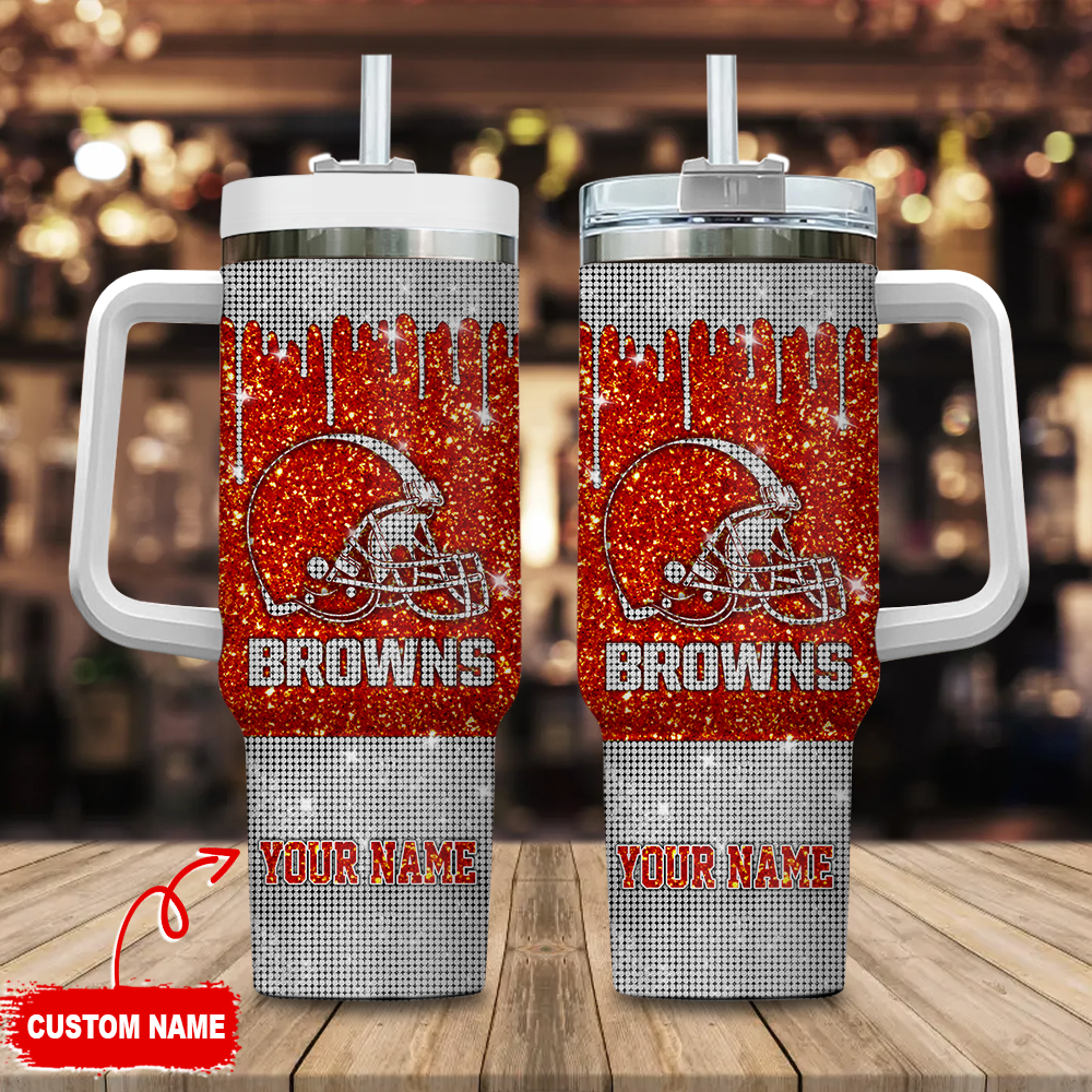 Cleveland Browns NFL Glitter Custom Stanley Quencher 40oz Stainless Steel Tumbler With Handle