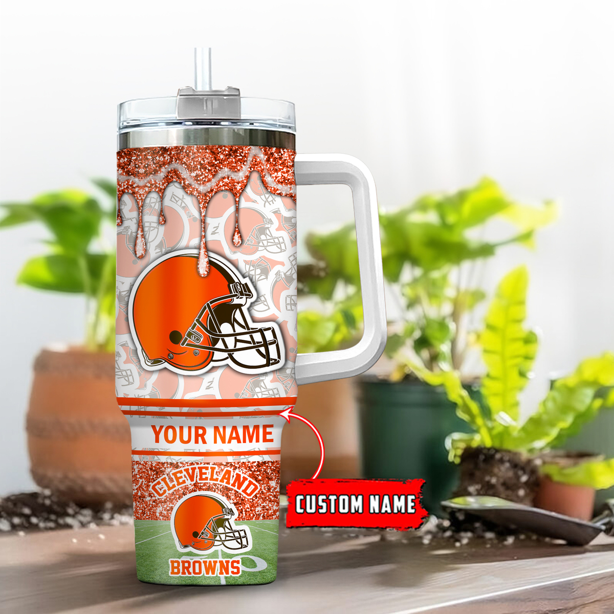 Cleveland Browns NFL Glitter Custom Stanley Quencher 40oz Stainless Steel Tumbler With Handle