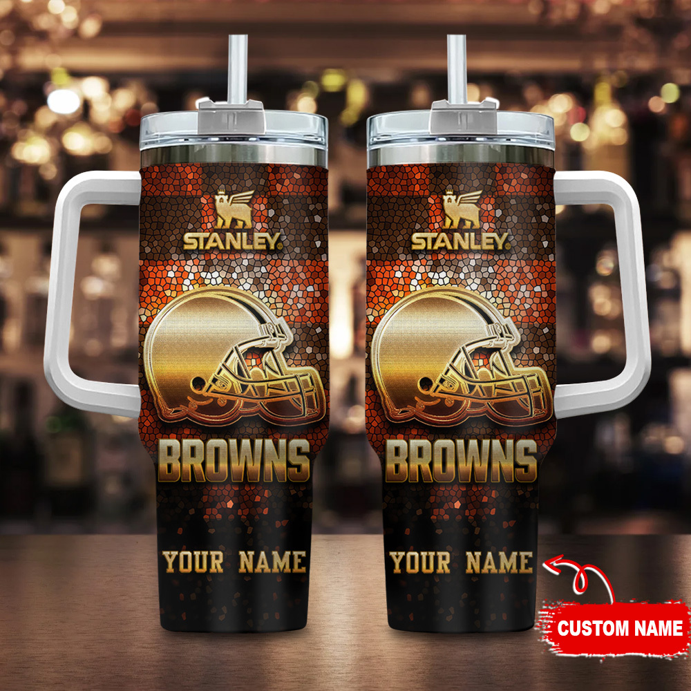 Cleveland Browns NFL Glitter Golden Logo Custom Stanley Quencher 40oz Stainless Steel Tumbler With Handle