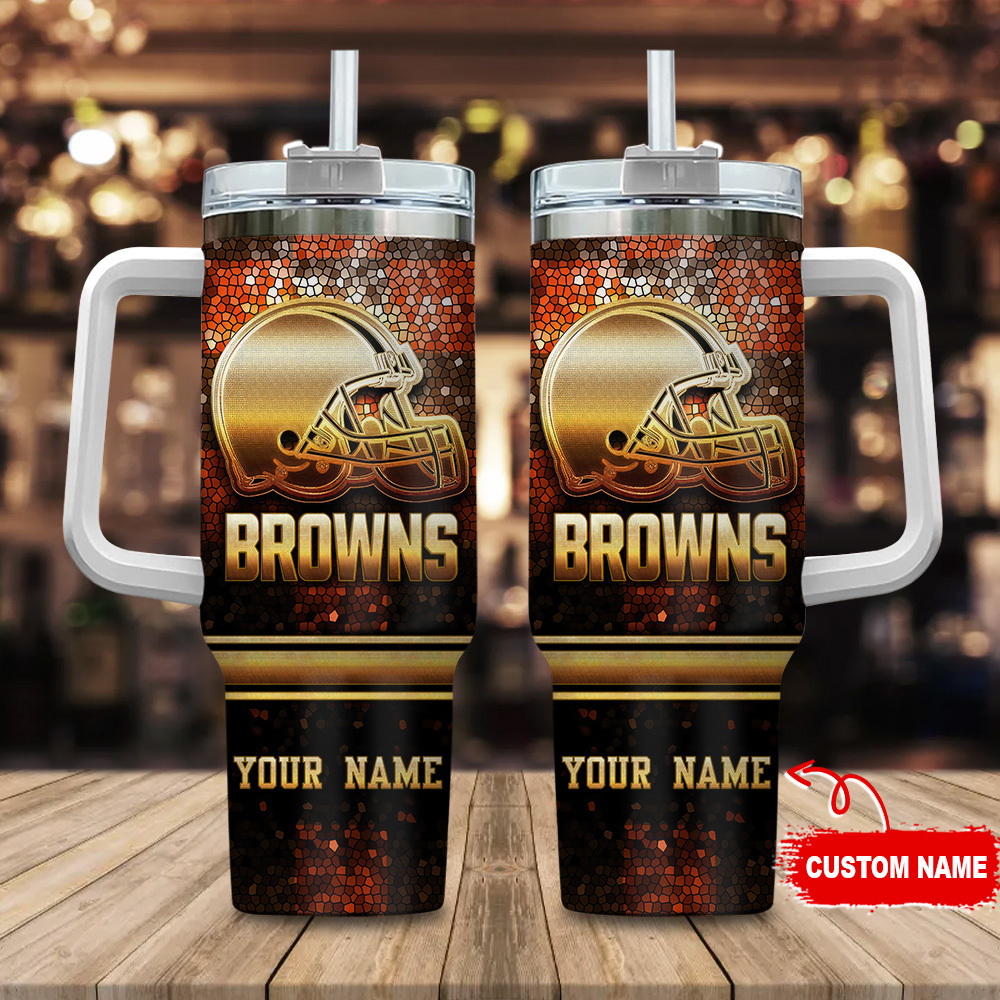 Cleveland Browns NFL Glitter Golden Logo Custom Stanley Quencher 40oz Stainless Steel Tumbler With Handle