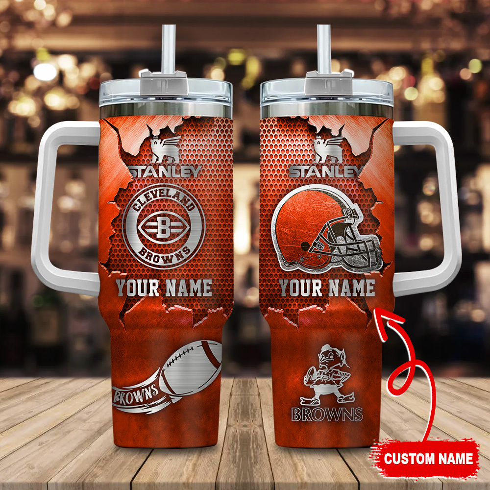 Cleveland Browns NFL Metal Style Custom Stanley Quencher 40oz Stainless Steel Tumbler With Handle