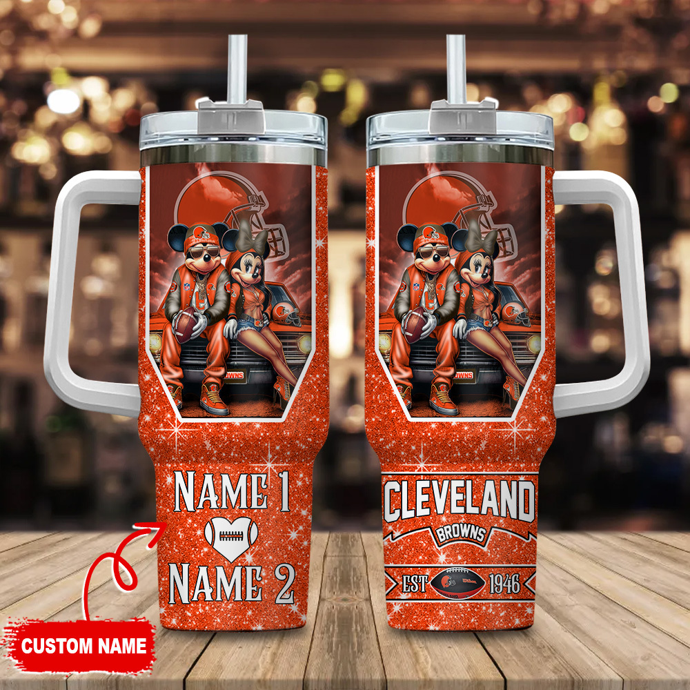Cleveland Browns NFL Mickey And Minnie Couple Custom Stanley Quencher 40oz Stainless Steel Tumbler With Handle