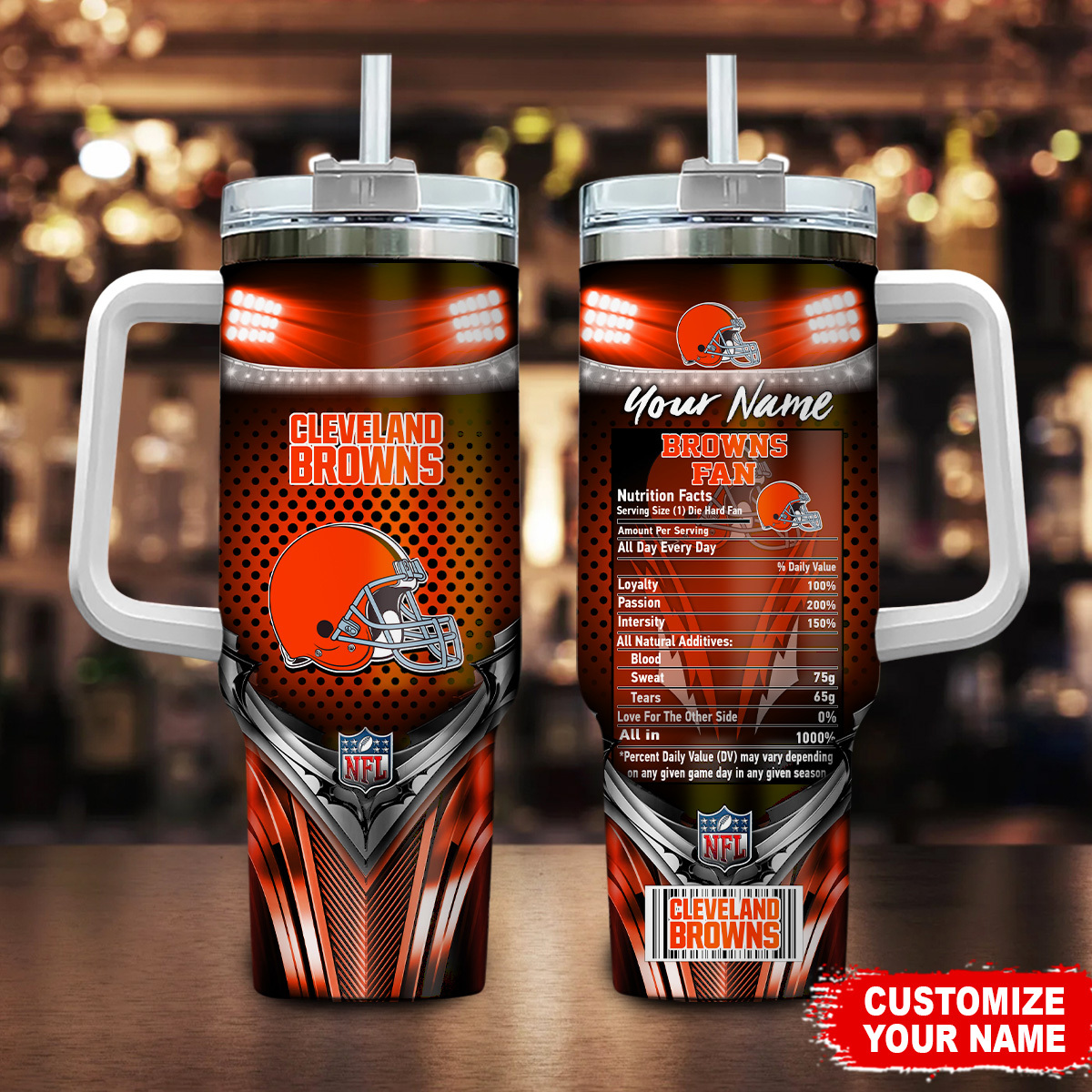 Cleveland Browns NFL Nutrition Facts Custom Stanley Quencher 40oz Stainless Steel Tumbler With Handle