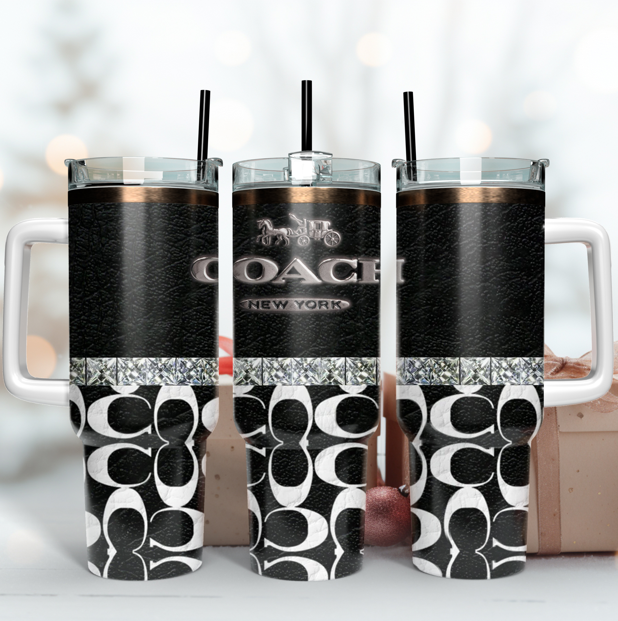 Coach Black Logo Leather Pattern Custom Stanley Quencher 40oz Stainless Steel Tumbler With Handle