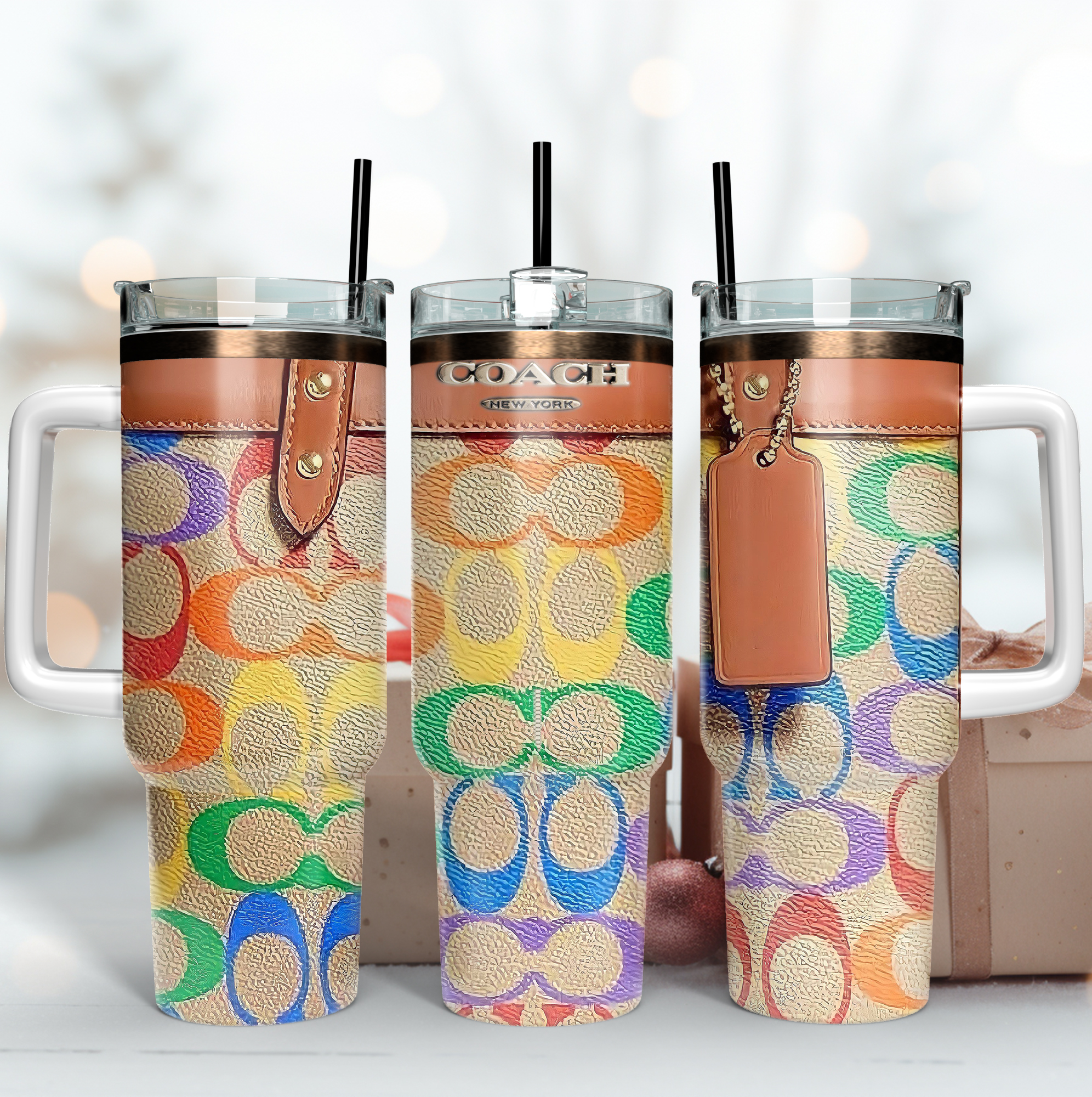 Coach Colorful Logo Leather Pattern Custom Stanley Quencher 40oz Stainless Steel Tumbler With Handle