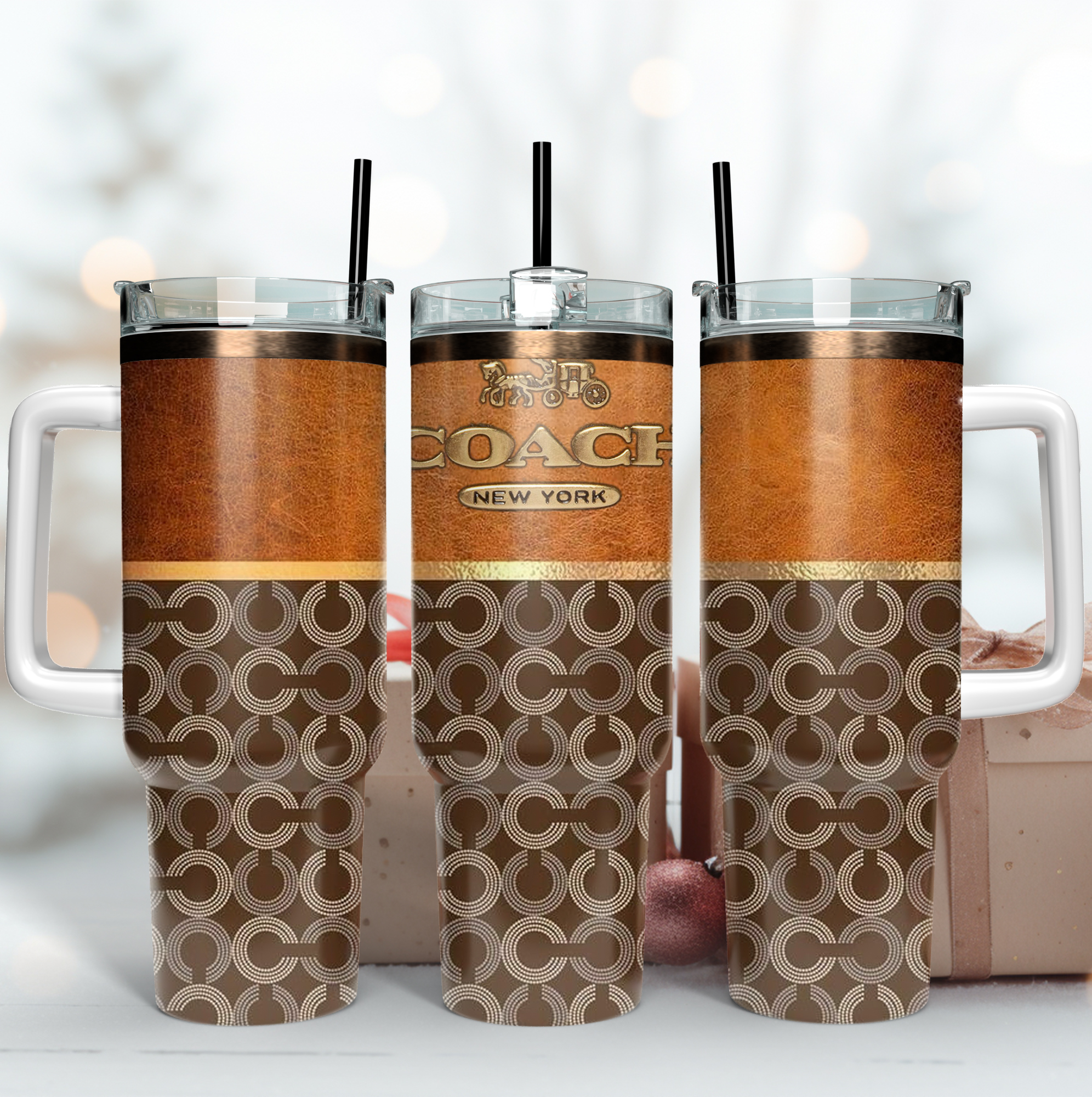 Coach Leather Pattern Custom Stanley Quencher 40oz Stainless Steel Tumbler With Handle