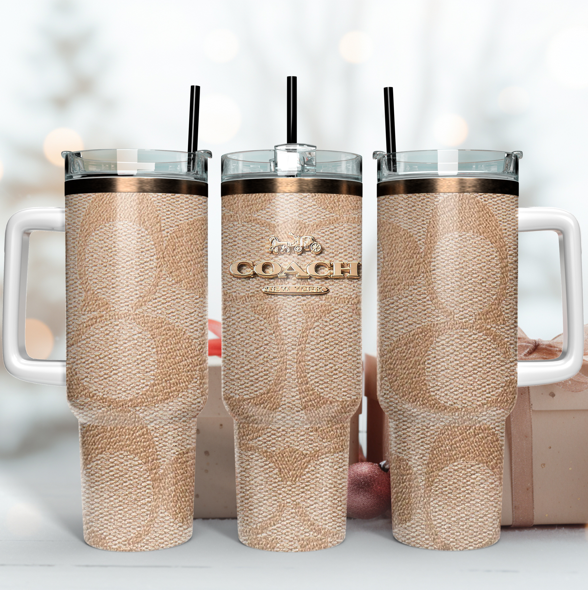 Coach Logo Leather Pattern Custom Stanley Quencher 40oz Stainless Steel Tumbler With Handle