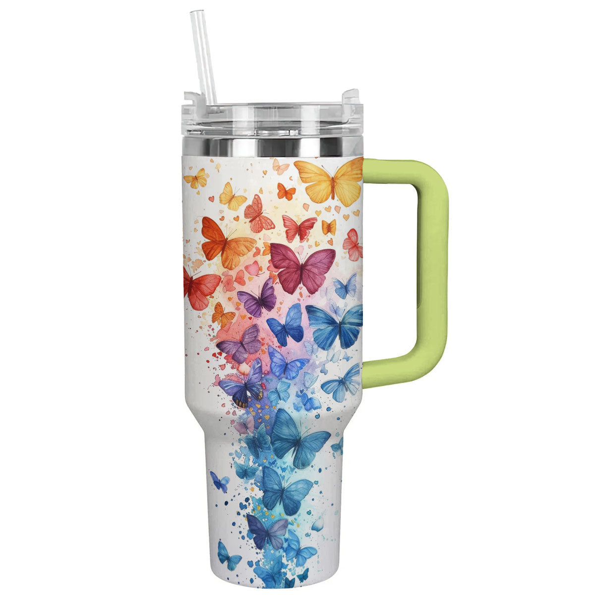 Colorful Butterflies Custom Stanley Quencher 40oz Stainless Steel Tumbler With Handle