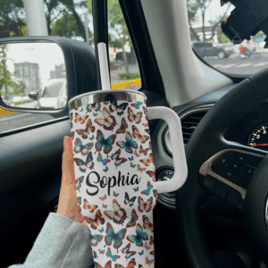 Colorful Butterfly Custom Stanley Quencher 40oz Stainless Steel Tumbler With Handle