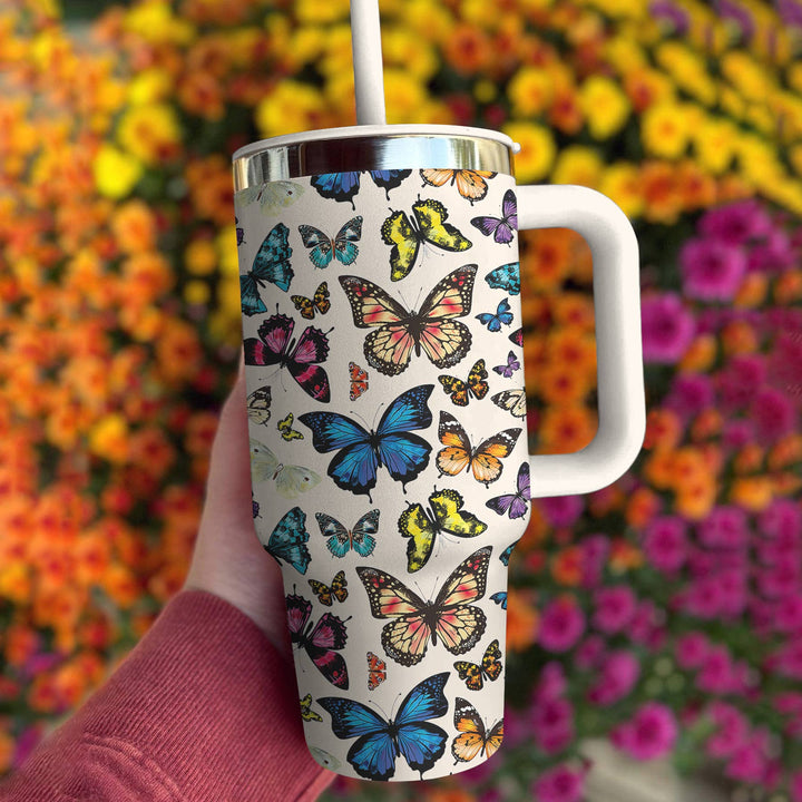 Colorful Butterfly Custom Stanley Quencher 40oz Stainless Steel Tumbler With Handle