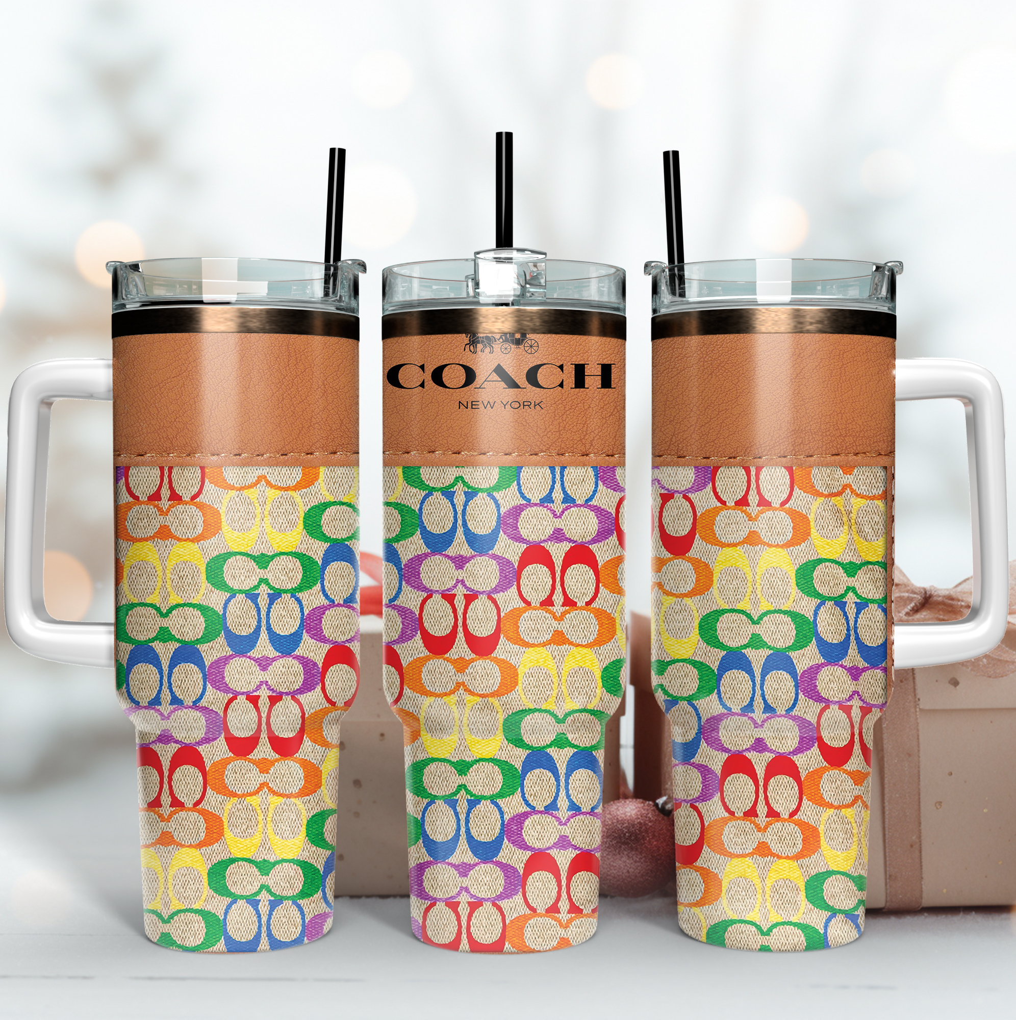 Colorful Coach Logo Custom Stanley Quencher 40oz Stainless Steel Tumbler With Handle